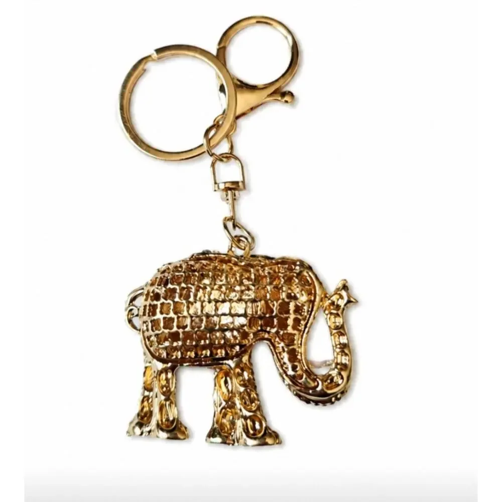 Gold Antique Rhinestone Elephant Bag Charm Key Chain